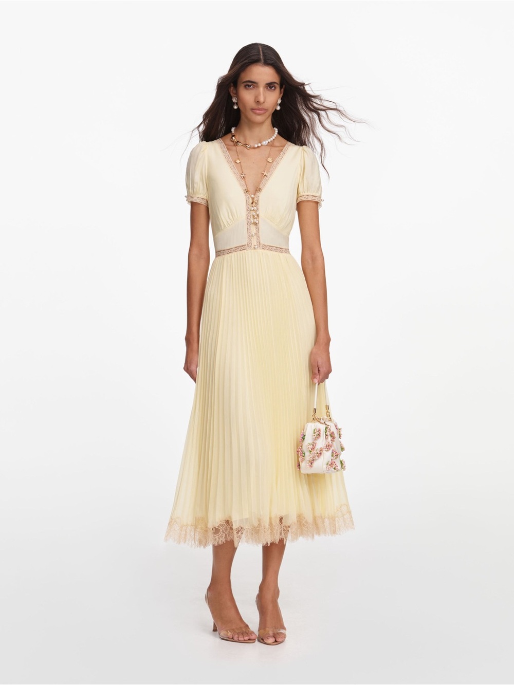 Self-Portrait Yellow Viscose Pleated Lace Midi Dress